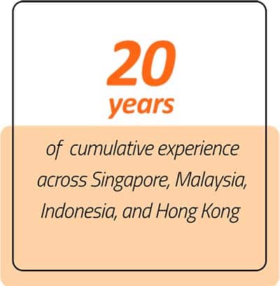 20 years of cumulative experience across Singapore, Malaysia, Indonesia, and Hong Kong. 